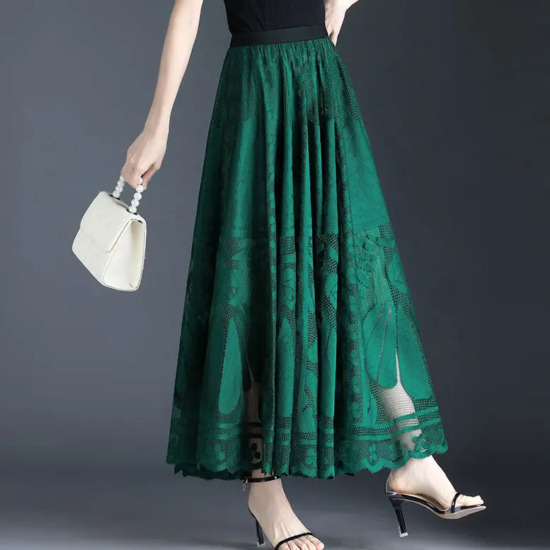 Lace Skirt Women\'s New A-word Long Skirt Big Swing Gauze Hollow Pleated Skirt