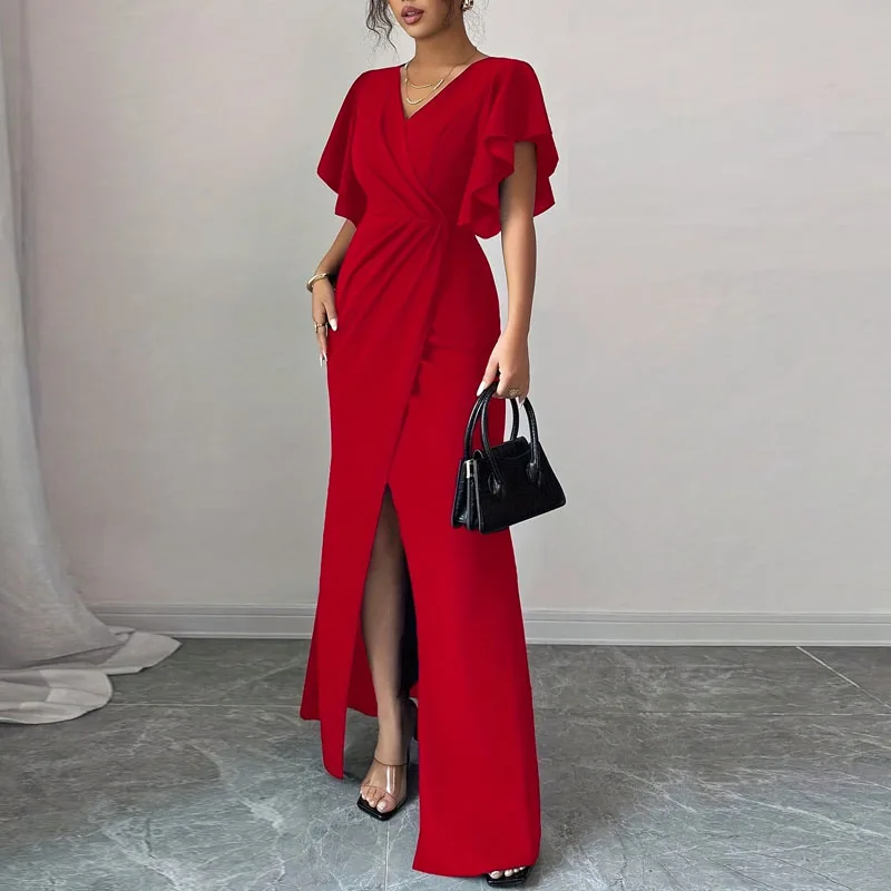 

2026 Summer New Dresses for Women Short Sleeve V-Neck Women Dress Elegant Slim Slit Dress Women Vestidos De Verano Mujer Q3657