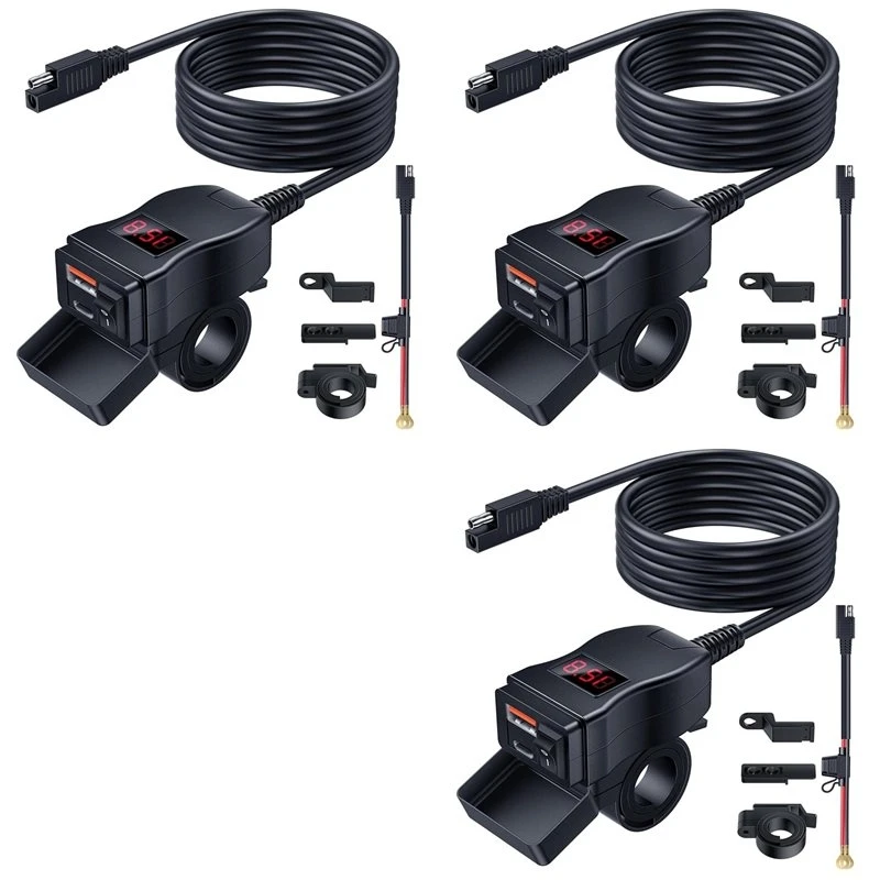 ac29-3X Motorcycle USB , Dual USB Type C PD & Quick Charge 3.0 Motorcycle Phone With Voltmeter & On/Off Switch