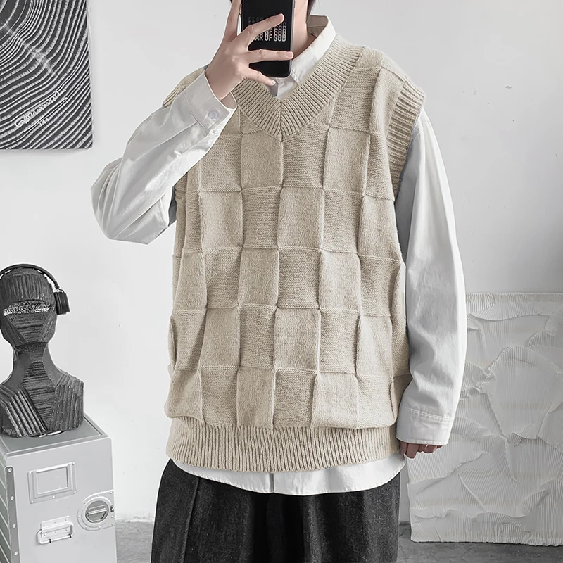 

Мужской вязаный жилет с V-образным вырезом в гонконгском стиле, весенне-осенний, свободного кроя, для многослойных образов, модная одежда для пар, повседневная одежда