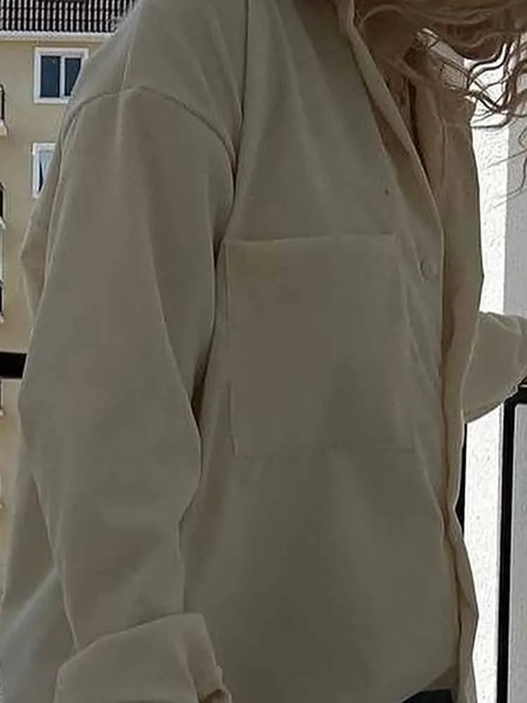 المرأة عادية التلبيب بأكمام طويلة بلون تي شيرت موضة جيب ركاب قمة الخريف الحد الأدنى سروال قصير قميص واحد الصدر #1