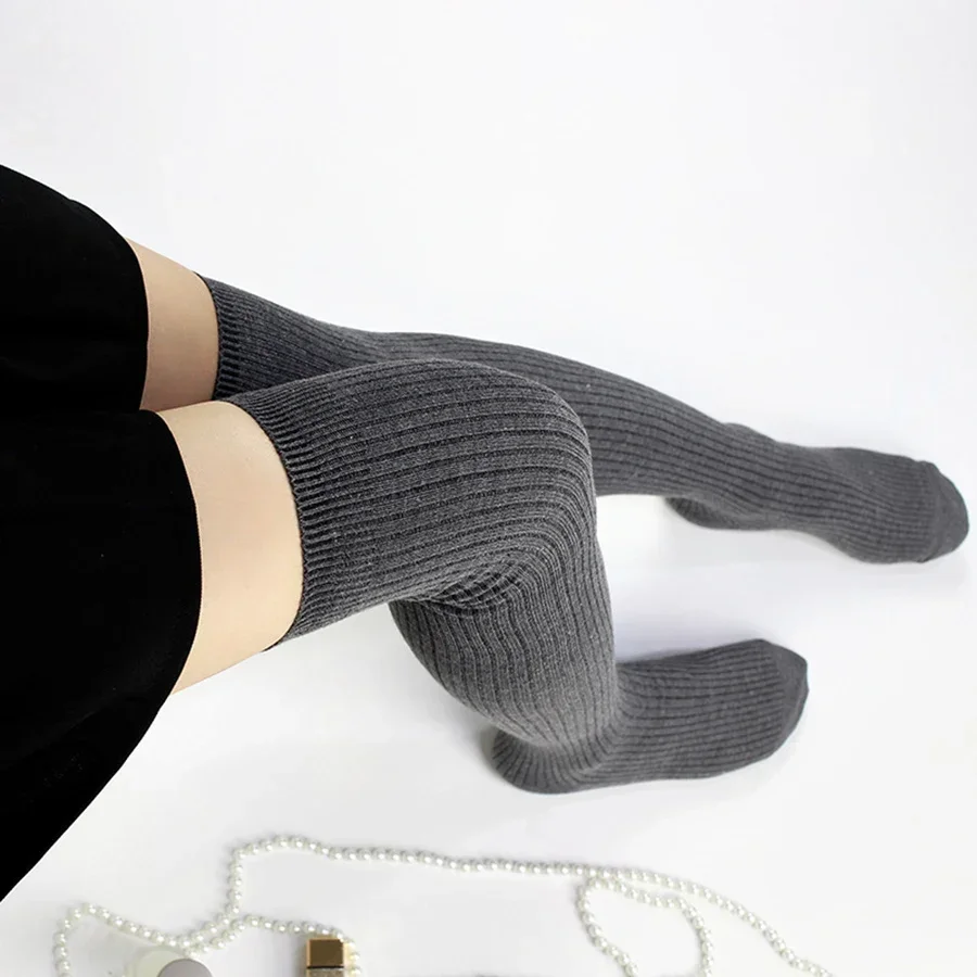 2 Pairs Women Thigh High Socks Extra Long Cotton Knit Warm Thick Tall Boot Stockings Leg Warmers, Black, Grey