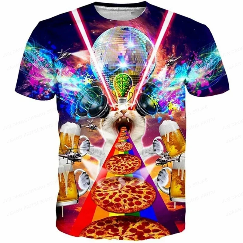 Image of 3D Gedruckt Lustige Katze T Shirt Für Männer Tier Lebensmittel Muster Tees Sommer Straße Oversize Kurzarm Tops Lose Rundhals T-Shirts