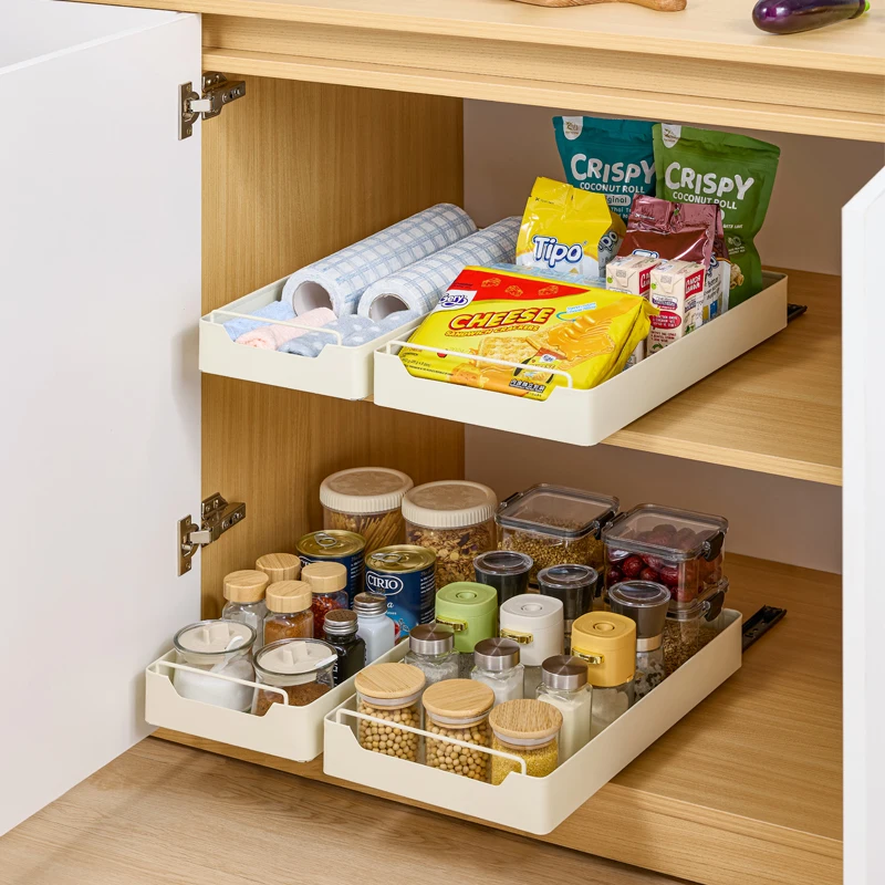 

2Pack Pull Out Cabinet Organizer 16.9"Deep With Raising Pad for Framed Cabinets Upgrade 2Slide Rails Slide Out Drawers Shelves