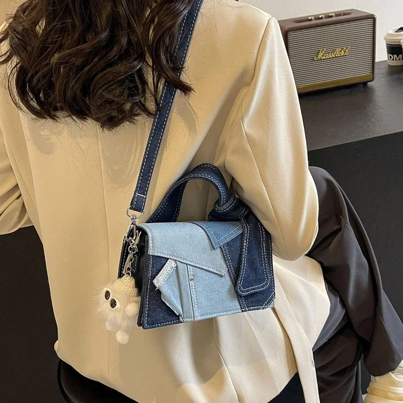 Denim Fabric Fashion Women\'s Shoulder Bags Trend Versatile Style Handbag New Hot Sale Advanced Sense Sewing Thread Crossbody Bag