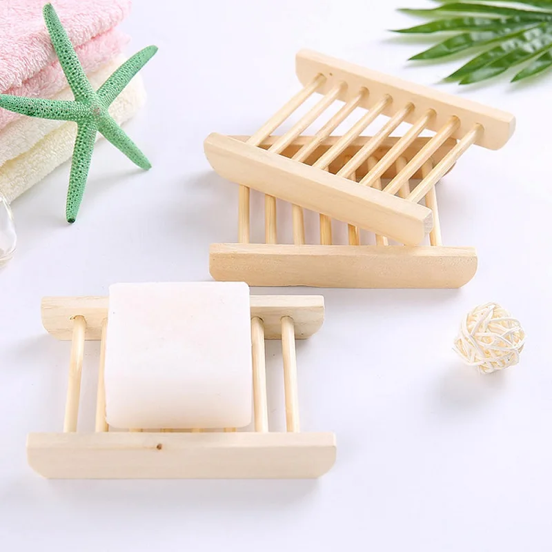 WBBOOMING 1pcs/6pcs Natural Wooden Bamboo Soap Dish Tray Rack Plate Box Holder Soap Storage Organizer Bathroom Drain Shelves