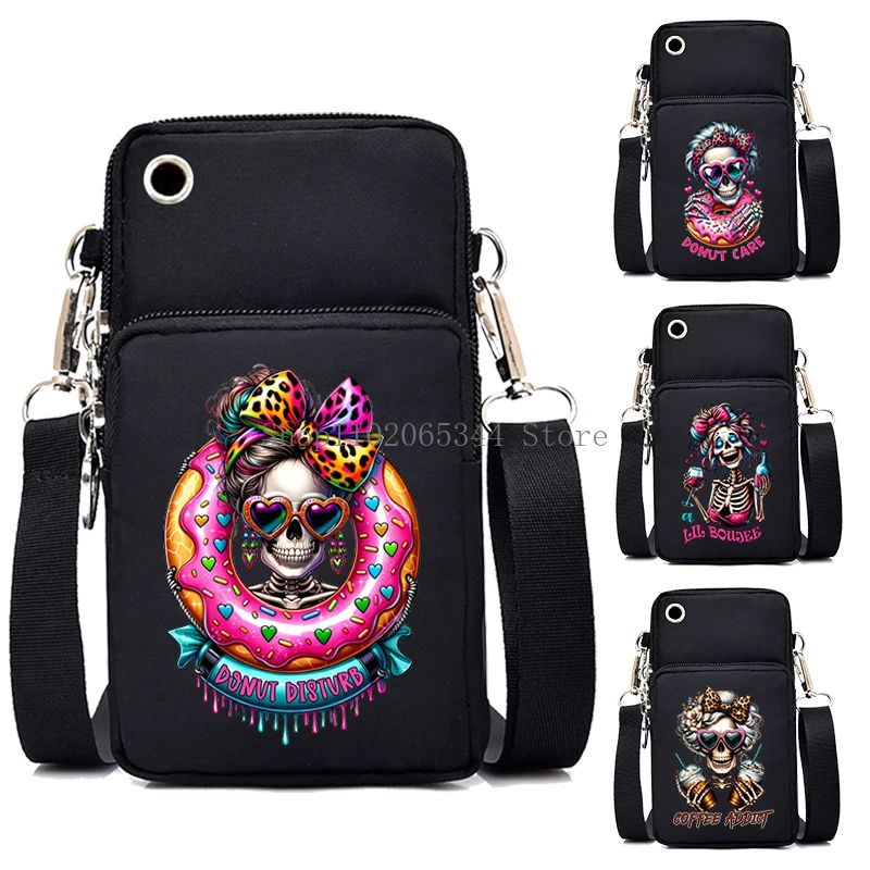 Women\'s Vintage Skull Donut Print Small Crossbody Shoulder Bag Funny Designer Mobile Phone Bag Fashion Skeleton Purses Handbag