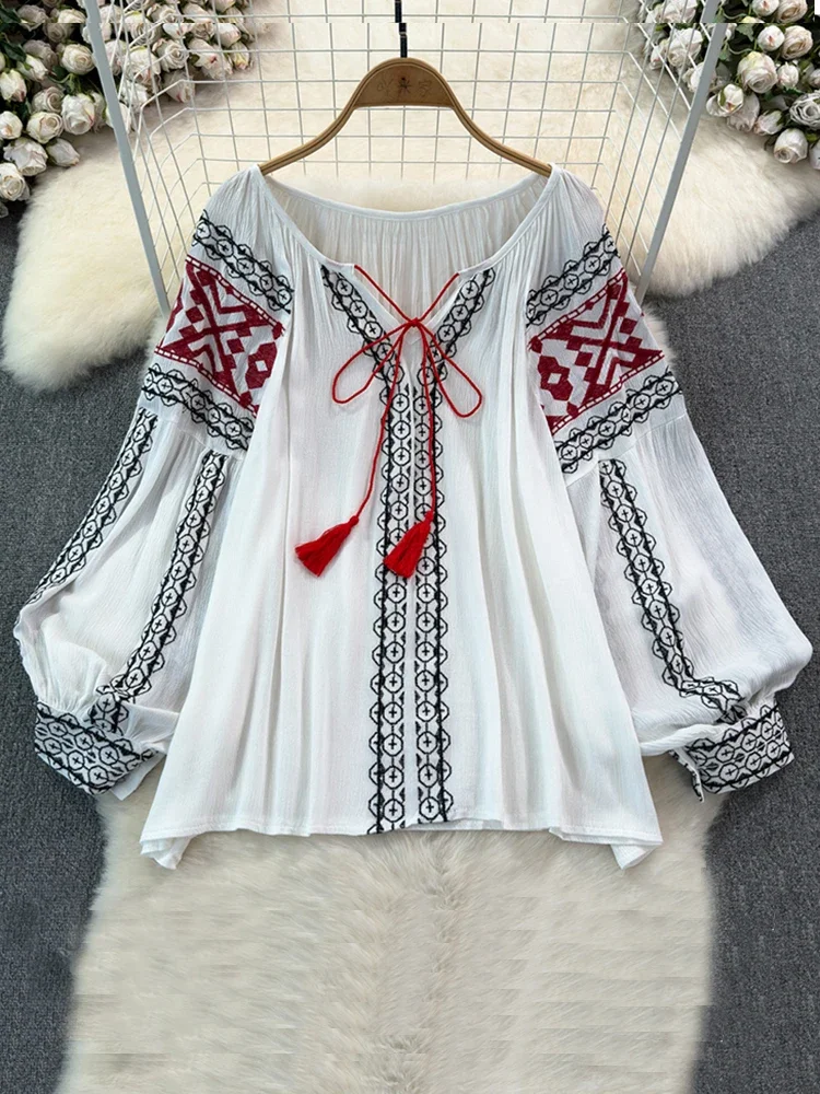 2024 Spring Retro Embroidered Shirt Top Female Lace Up Tassel Loose Lantern Sleeves Ethnic Style Blouse Female A46