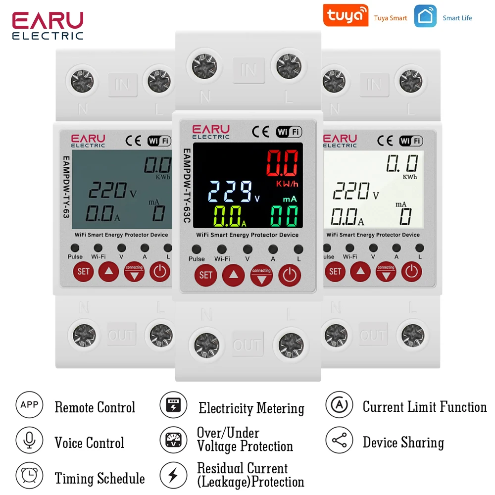 Tuya WiFi Smart Circuit Breaker 2P 63A 230V Energy Meter Power kWh Leakage Over Under Voltage Protector Relay Device Switch