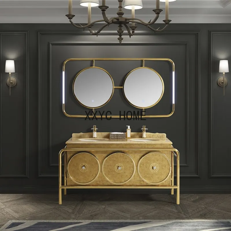 

Stainless Steel Bathroom Cabinet Combination Light Luxury Washbasin Villa Hotel Toilet Floor Cabinet Marble Double Basin