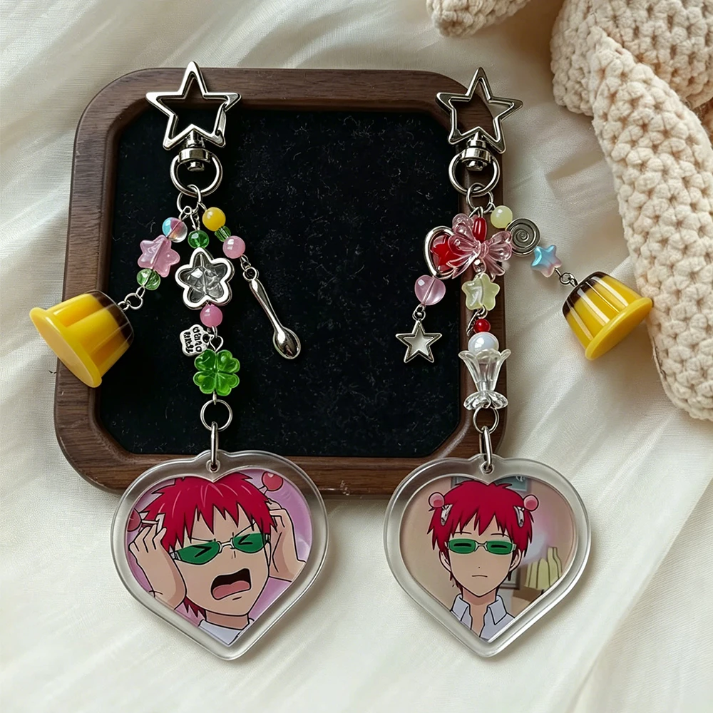Saiki Kusuo Couple Matching Keychain The Disastrous Life of Saiki K Heart Acrylic Charm Beads Pudding Decor Bag Pendant Fans Gif