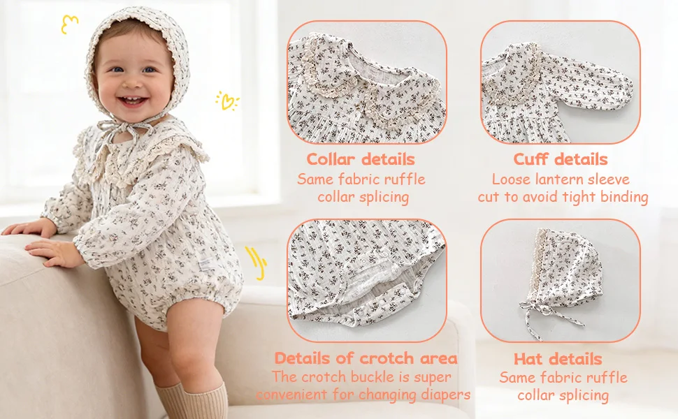Baby-Mädchen-Strampler mit Blumenmuster, Spitzen-Peter-Pan-Kragen, Langarm-Bubble-Body mit Haube, Weiches, Atmungsaktives Outfit für Frühling und Herbst – Detail 5