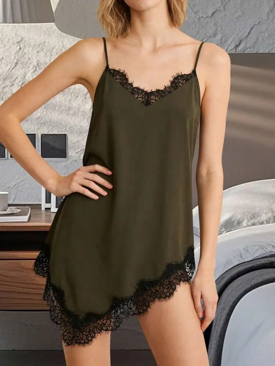 

Womens Asymmetrical Lace Trim Satin Camisole Sleeveless V-Neck Nightwear