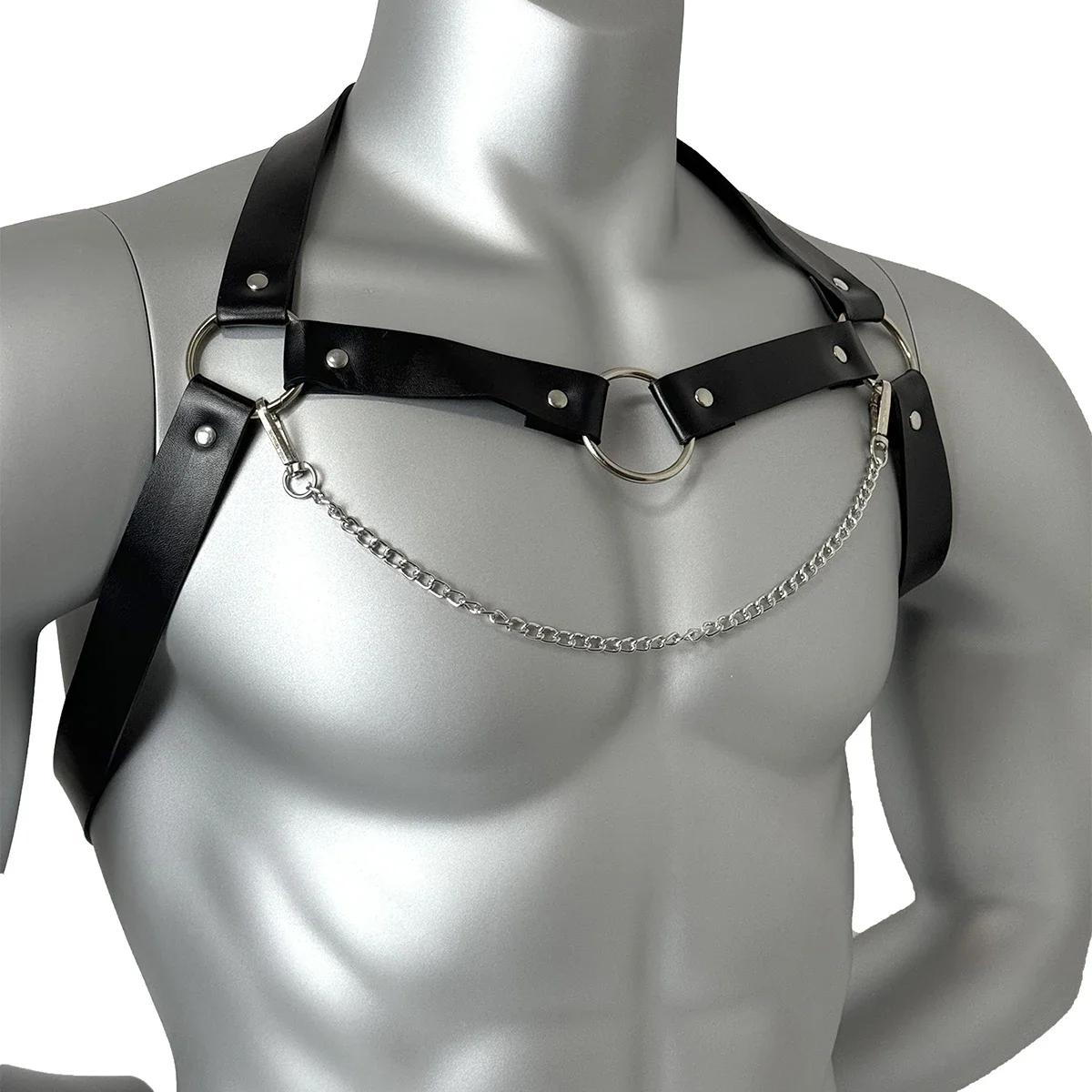 Sexy Men's Belt PU Leather Harness Strap with Chest Chain Shoulder Belt Metal Ring Y2k Goth Punk Clothing Accessories