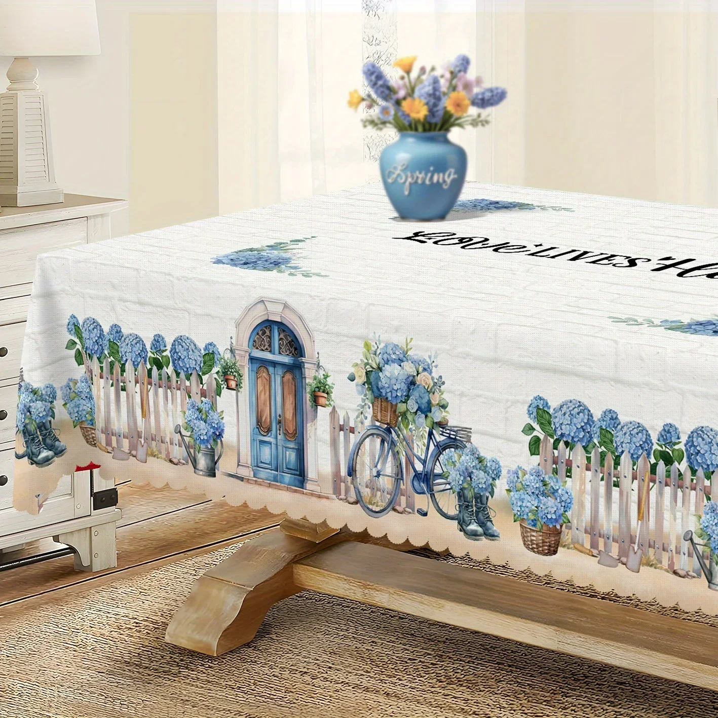 1 item, tablecloth, vintage country hydrangea pattern tablecloth, farmhouse blue hydrangea bicycle designxzj