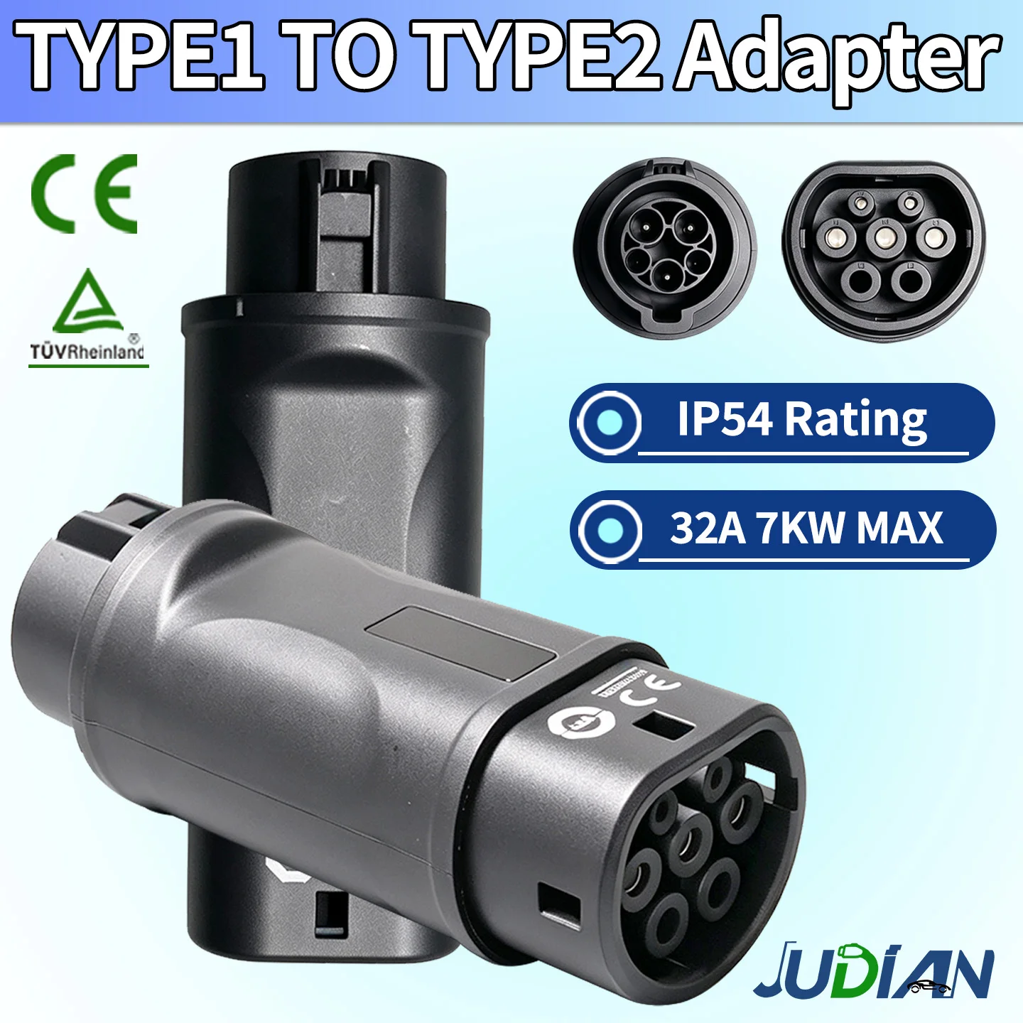 Electric Vehicle Charging Connector 32A J1772 Male Type1 to Female Type2 EV Charger Adapter for EV Cars Charging