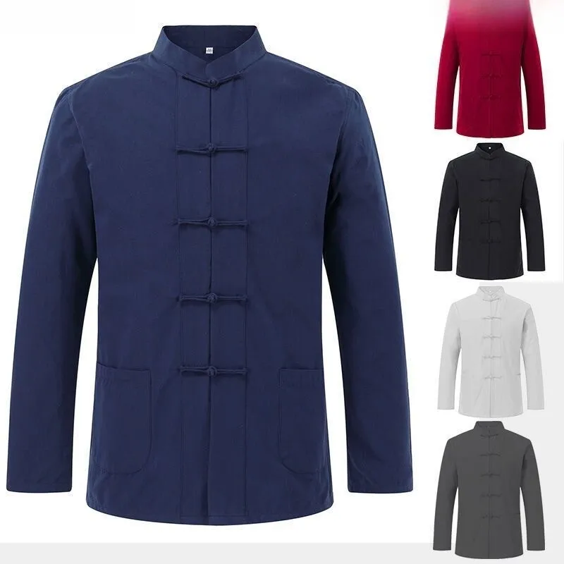 

Chinese Style Long Sleeve Shirt Men's Stand Collar Hanfu Tea Zen Clothing Retro Middle-Aged And Elderly Pure Color Tang Costume