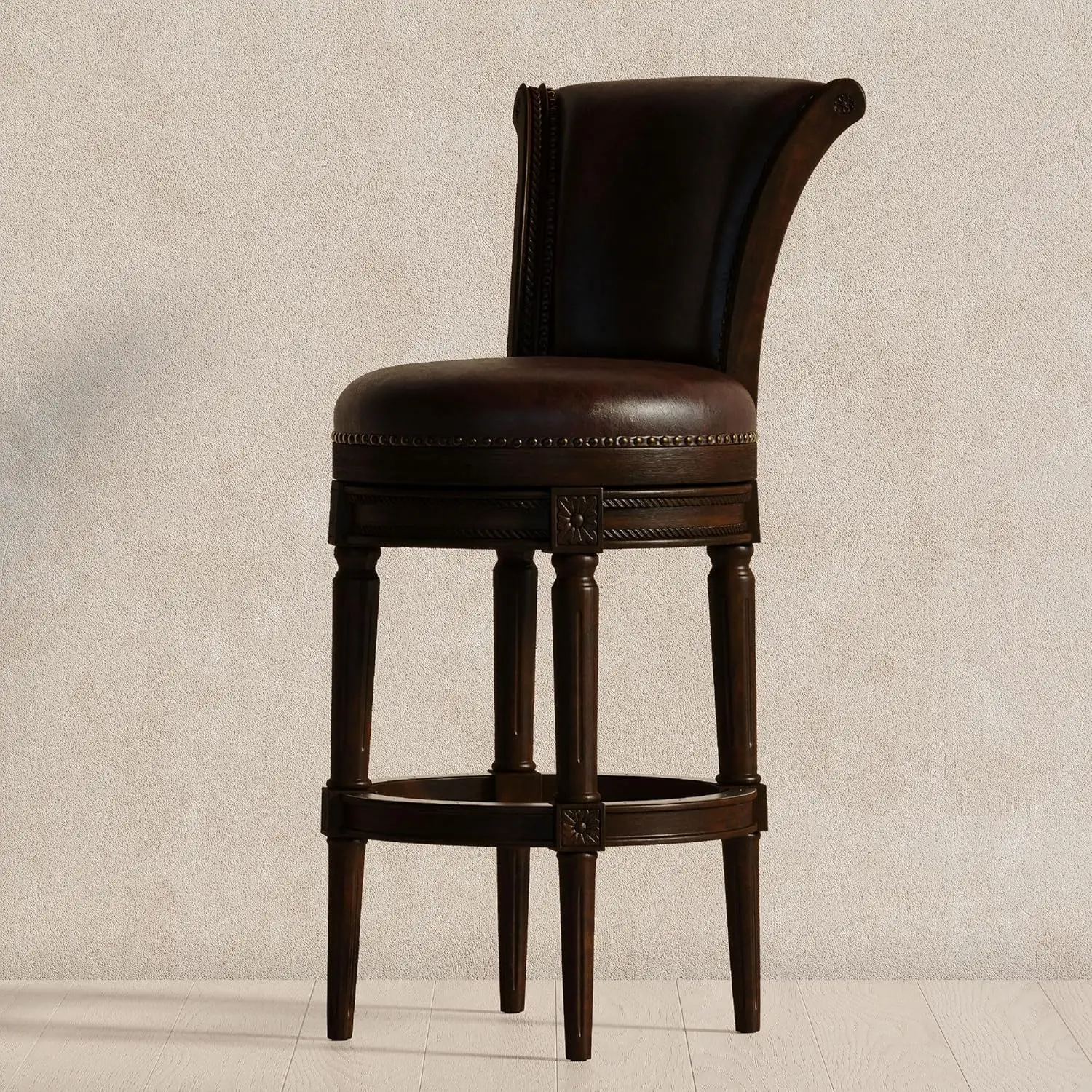 Maven Lane Pullman 31 Inch Tall Bar Height Upholstered Barstool With Back, Dark Walnut Finish With Vintage Brown Vegan Leather