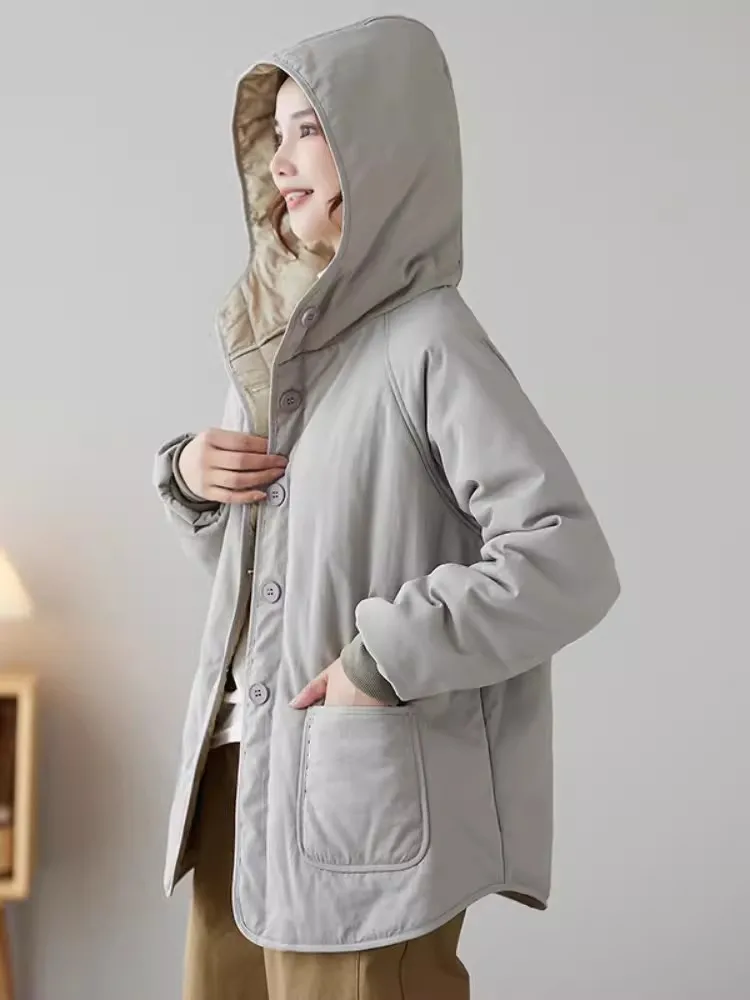 Minimalist Oversized Solid Hooded Parkas Woman 2024 New Autumn Winter Light Weight Quilted Jackets Ladies Cotton-Padded Coat