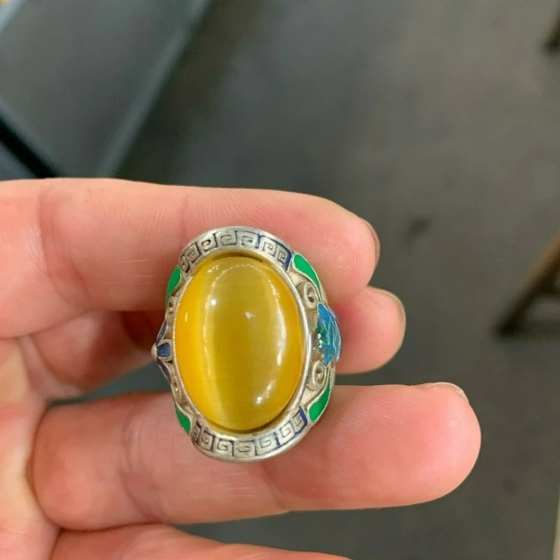 Vintage Solid Silver Adjustable Ring, Yellow Cat's Eye Gemstone Inlaid Retro Craft Thumb Ring