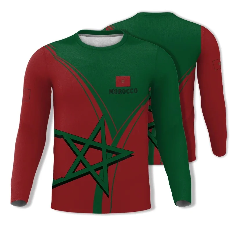 3D Morocco National Emblem Flag Graphic T Shirt for Men Clothing y2k Tops Fashion Long Sleeved T-shirt Casual Gym Fitness Jersey