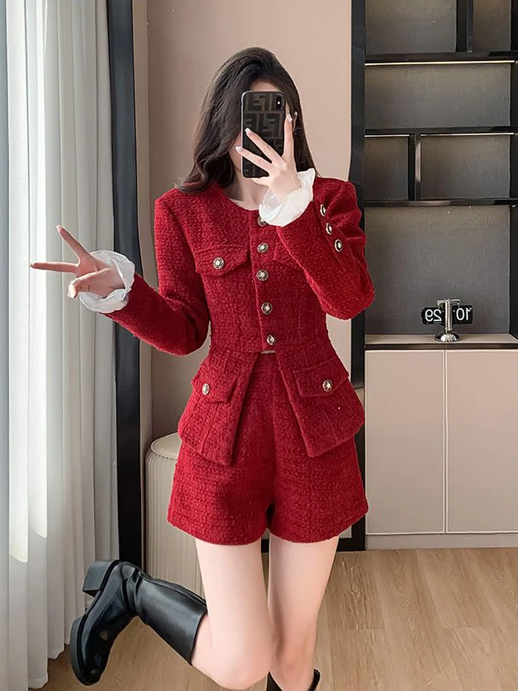 Autumn Winter Clothes Tweed Two Piece Pant Set Women High Street Luxury Fashion Jacket Coat + Short 2 Piece Sets Women Outfit