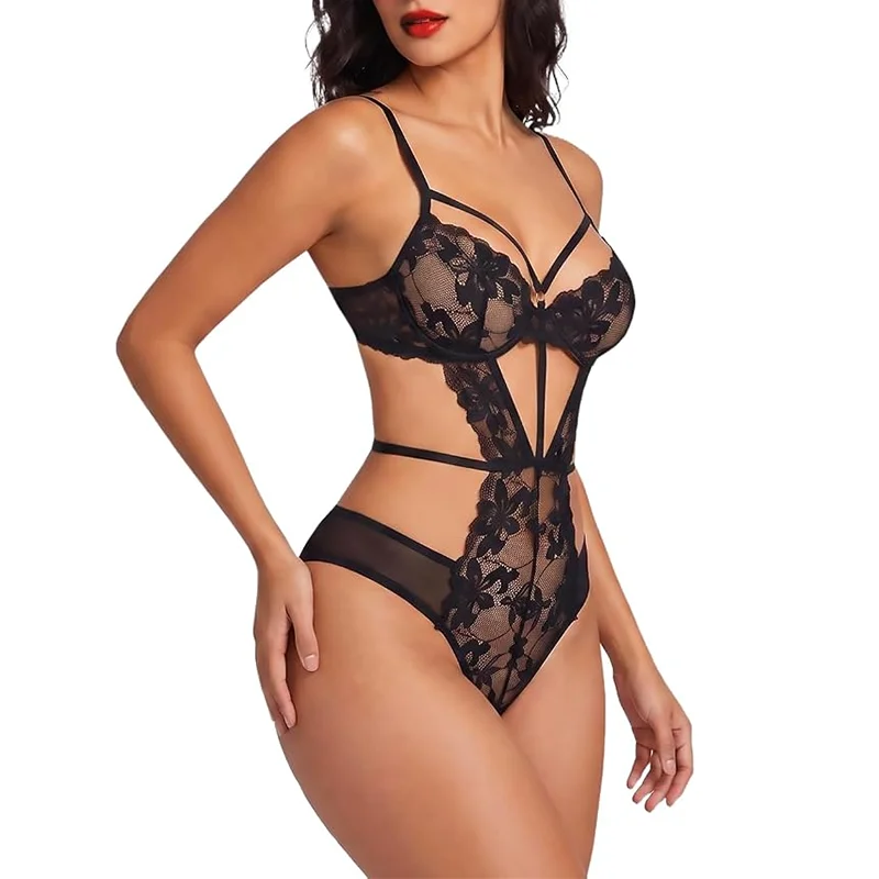 Sexy Lingerie Women Lace Bodysuit Sheer Hollow Out Cut Out Mesh Teddy Babydoll Hot Corset Erotic Transparent Nightwear Clubwear