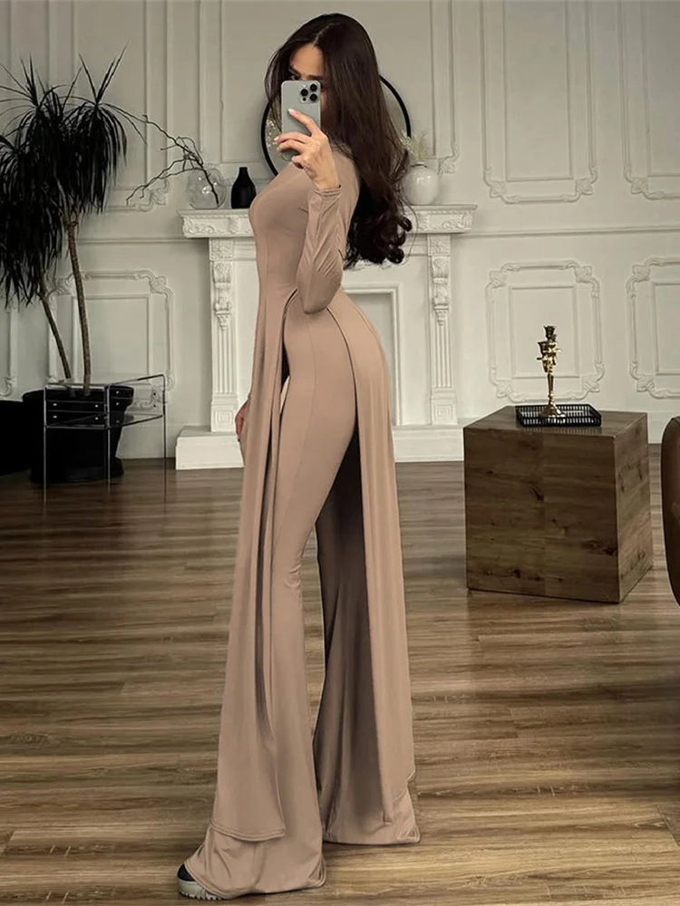 Nibber moda casual elegante set da 2 pezzi donna o-collo skinny alte spacco maxi vestito + pantaloni dritti solidi abiti semplici quotidiani