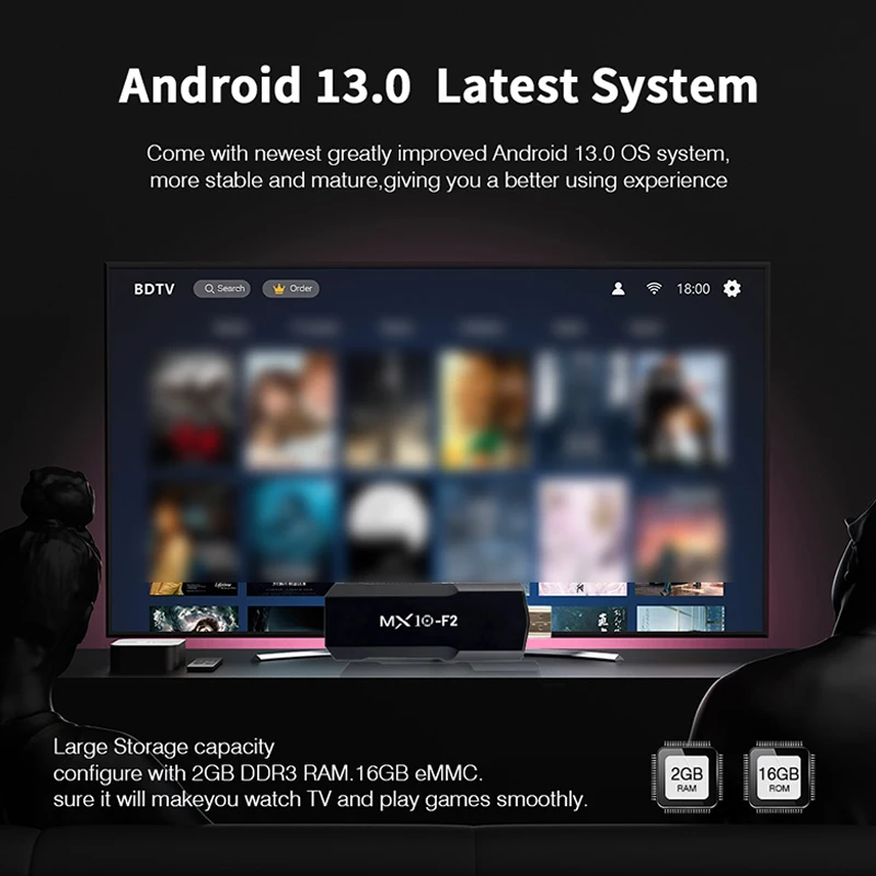 8K ATV Smart TV Stick Supporto Android 13 Video 4K BT4.0 RK3228A Quad-Core MX10 F2 Lettore multimediale Set di giochi Box per Google YouTube