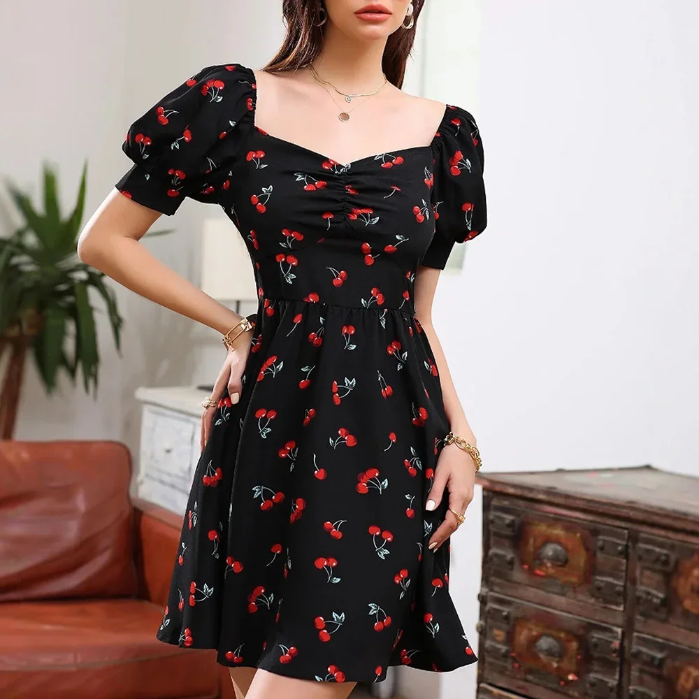 CPSYMYM 드레스 봄 여름 한국 달콤한 체리 인쇄 퍼프 슬리브 연인 목 여성을위한 a 라인 미니 휴가 드레스