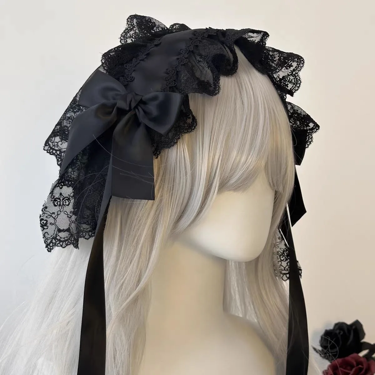 Gothic Black Lace  Veils Maid Headdress Ruffled Lace Headpiece Lolita Cosplay Headwear Costume Accessories