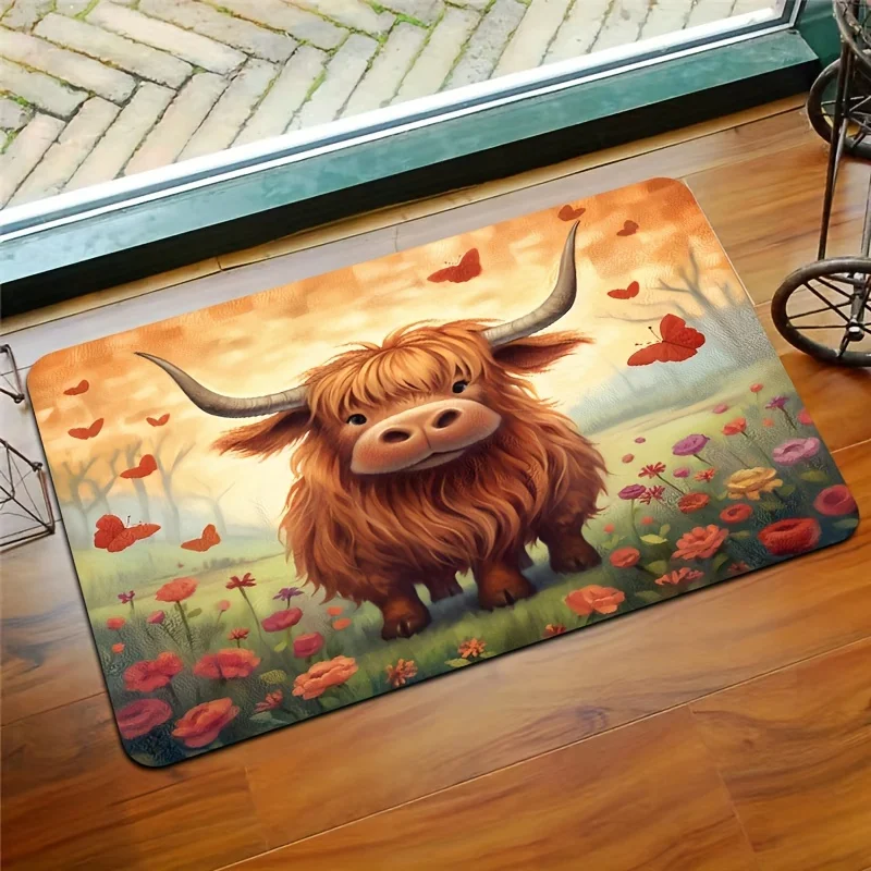 

Коврик с мультяшным дизайном Highland Cow, прямоугольный напольный коврик для гостиной, спальни, ванной комнаты, кухни, прихожей