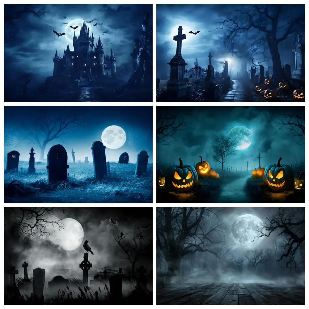 

Halloween Night Dark Forest Backdrop Vintage Castle Trees Moon Tombstone Kids Portrait Famliy Party Photography Background Decor