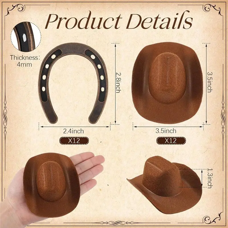 【كفاءة 】زينة حفلات رعاة البقر 36 قطعة ديكور فانوس غربي صغير 12 فانوس مع شمعة 12 حدوة حصان معلقة 12 قبعة رعاة البقر #6