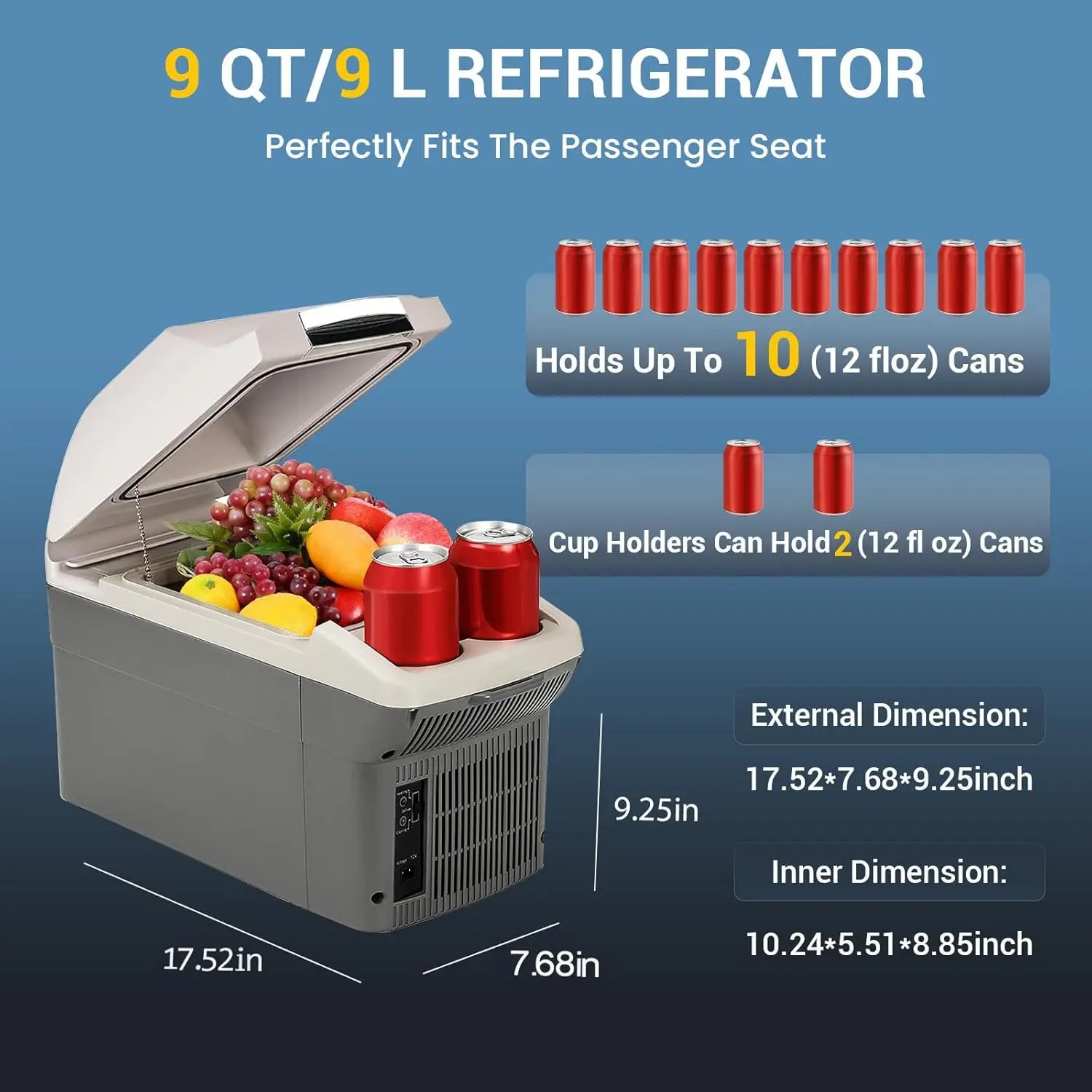 ثلاجة سيارة 12 فولت 8 كوارت، 40 ° F ~ 140 ° مبرد محمول F، DC/AC للسيارة، RV، التخييم (رمادي)