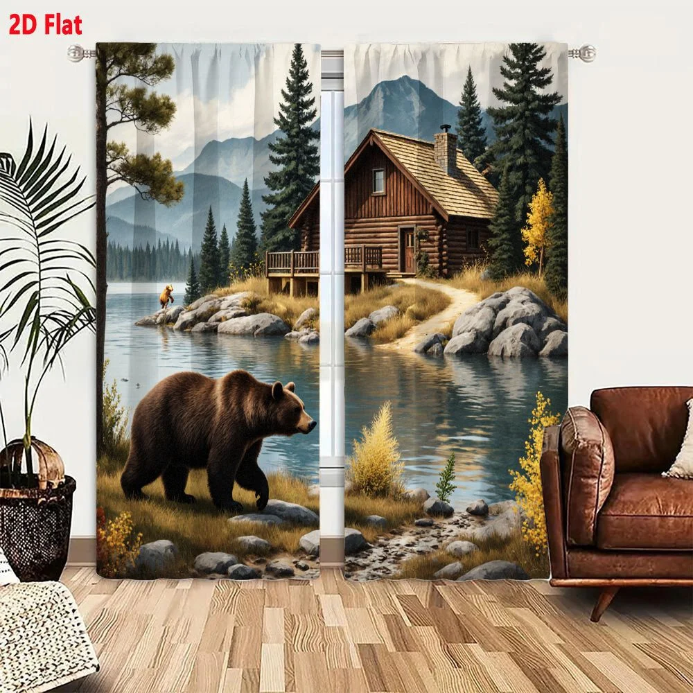 2Pcs Curtains 2D Flat Autumn Log Cabin By Rocky Lake With Bear And Mountainous Wilderness Scene Window Drapes for Bedroom Room D