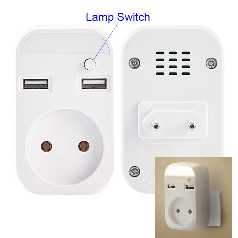 European Travel Plug USB Socket Conversion with Switch Small Night Light 2 USB Port German French Russian Universal Socket