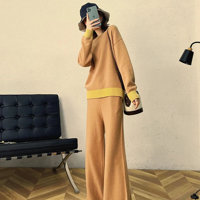 

Autumn Winter 100% Merino Wool Woolen Trousers Suit Pullover Sweater Basic Soft Long Sleeve Fashion Clothes