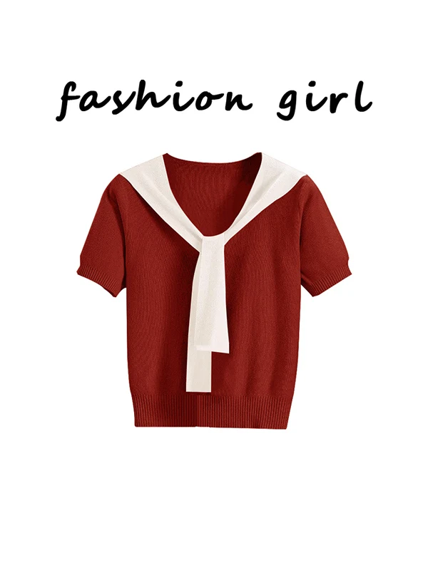 Red Shoulder-Length Short-Sleeve Women's T-Shirt Commute Style Korean Version Summer New Design Sensation Commute Atmosphere Top