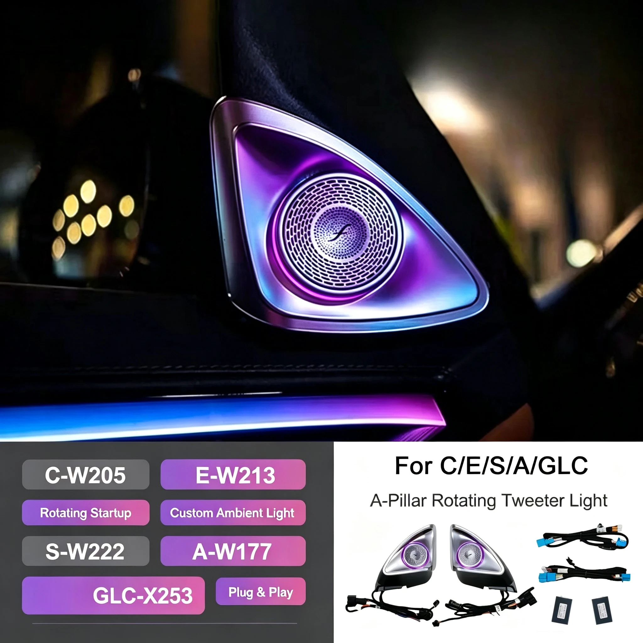 4D Fits For Mercedes 2014-2023 C/E/S/A/GLC 1:1 OEM 4D Rotating Tweeter Ambient Light Plug Play No Flashing Screen Control