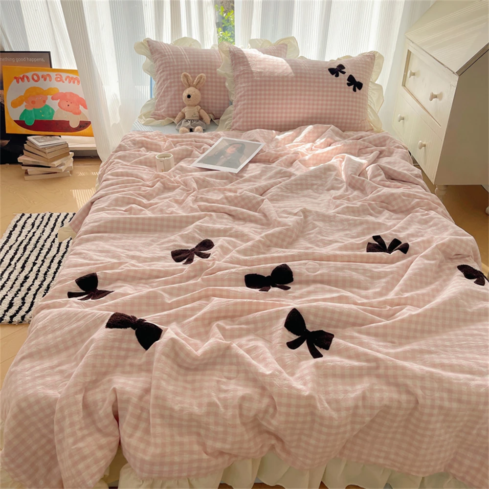 Pink Plaid Ruffles Korean Style Princess Bow Embroidery Summer Quilt Soft Crepe Air Conditioning Comforter Blanket Skin Friendly