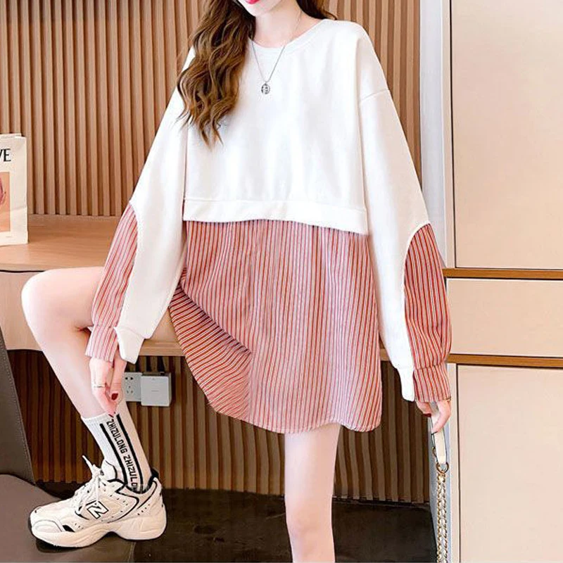 Patchwork listrado feminino com renda de grandes dimensões moletons, streetwear feminino, pulôver de manga comprida, túnica tops, moda coreana, Y2K