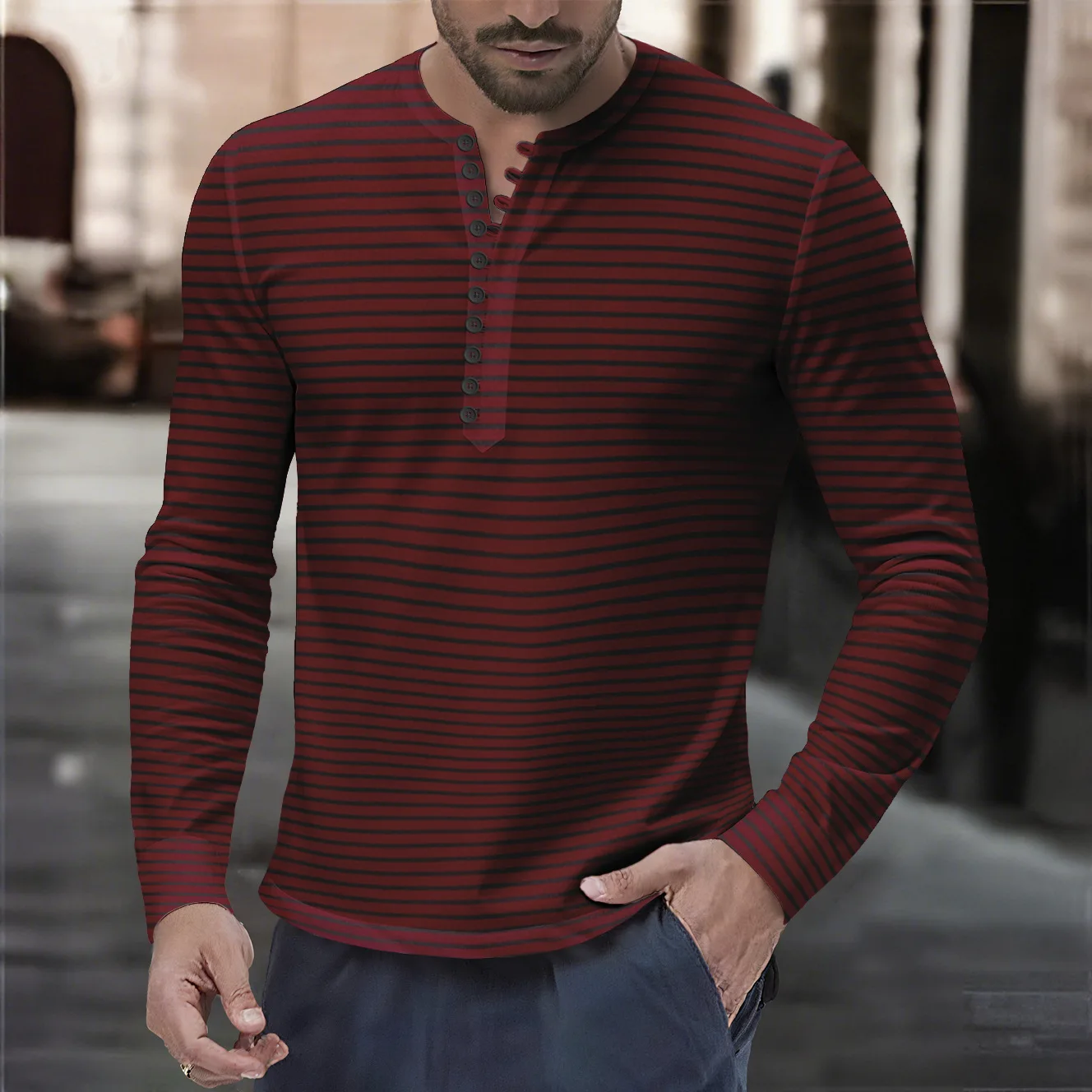 European American Men's Autumn and Winter Versatile Base Long-sleeved Casual Horizontal Striped Henry T-shirt