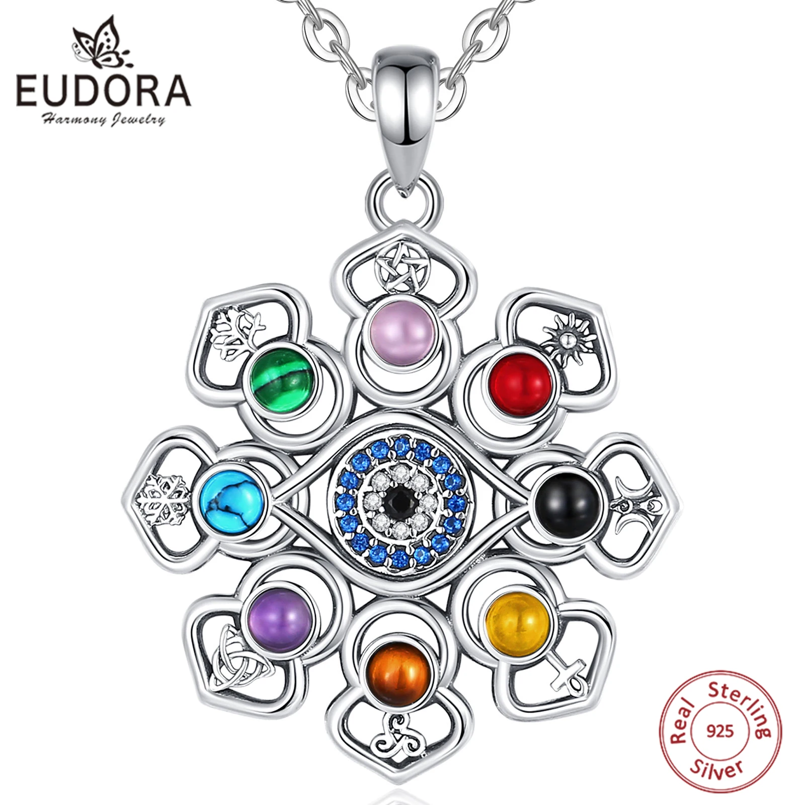 Eudora 925 Sterling Silver Lotus Evil Eye Necklace Colourful Pentagram Hecate Flower Pendant Personality Jewelry for Women Man