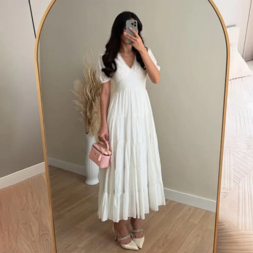 

High Quality Customized Ankle Length Pleat White Wedding Party V-neck Robe De Soirée Femme Chic Evening Dresses فساتين السهرة