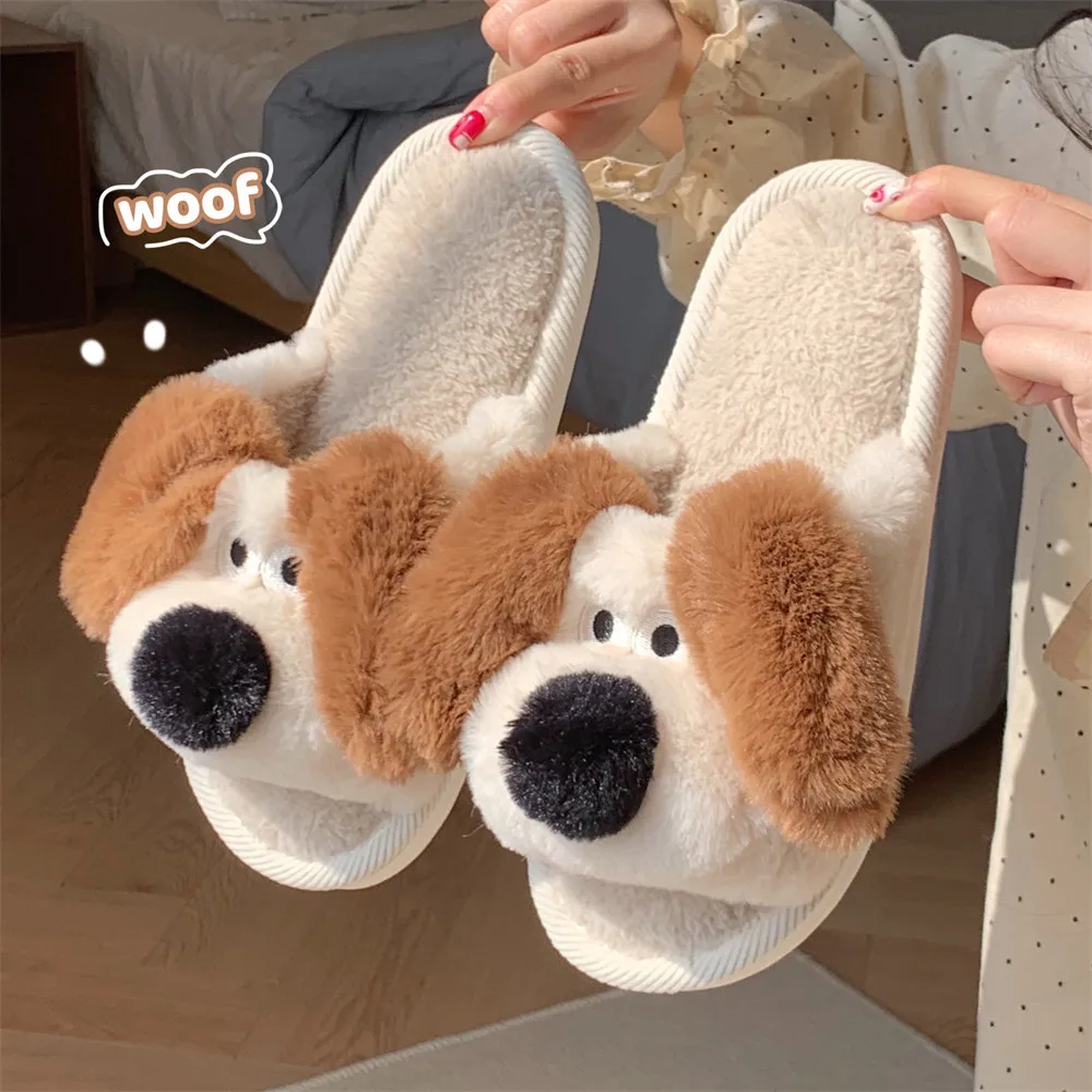 New Winter Home Cotton Slippers Dog Cartoon Dog Women Plush Warm Slipper Couple Indoor Bedroom Non-Slip Women\'s Men\'s Slippers