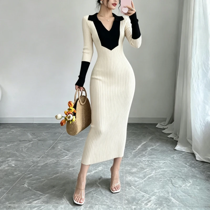 Damen Maxi-Kleid mit Block-Polokragen, elastischem Rippstrick, langen Ärmeln, figurbetontem Pullover-Look, schlankes, elegantes Party-Outfit – Detail 2