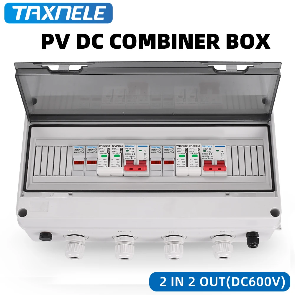 Solar photovoltaic PV Combiner Box 2 input 2 out 2 String Surge Lightning Protection DC 600V Fuse MCB SPD Waterproof Box IP65