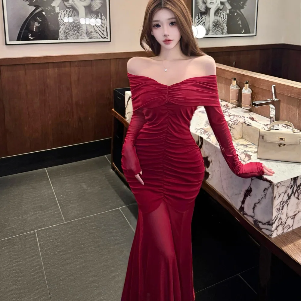 Ele Long Sve Me Dr oulder Bared voor verjaardag Par herfst high-end luxe Sweet Sle Princ baljurk