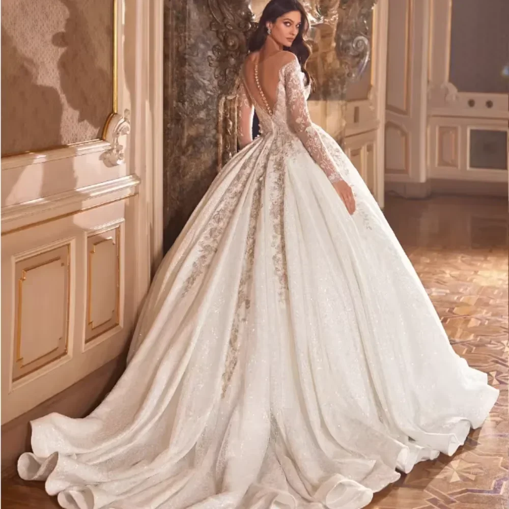 فساتين زفاف راقية مخصصة بأكمام طويلة 2025 على شكل قلب مزينة بحفلة العروس فستان الأميرة العتيق فيستدوس دي نوفيا